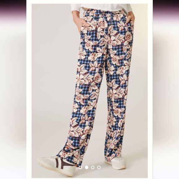 NWY Anthropologie Scotch & Soda pull on Wide-Leg floral blue plaid Pants size L - Picture 1 of 16